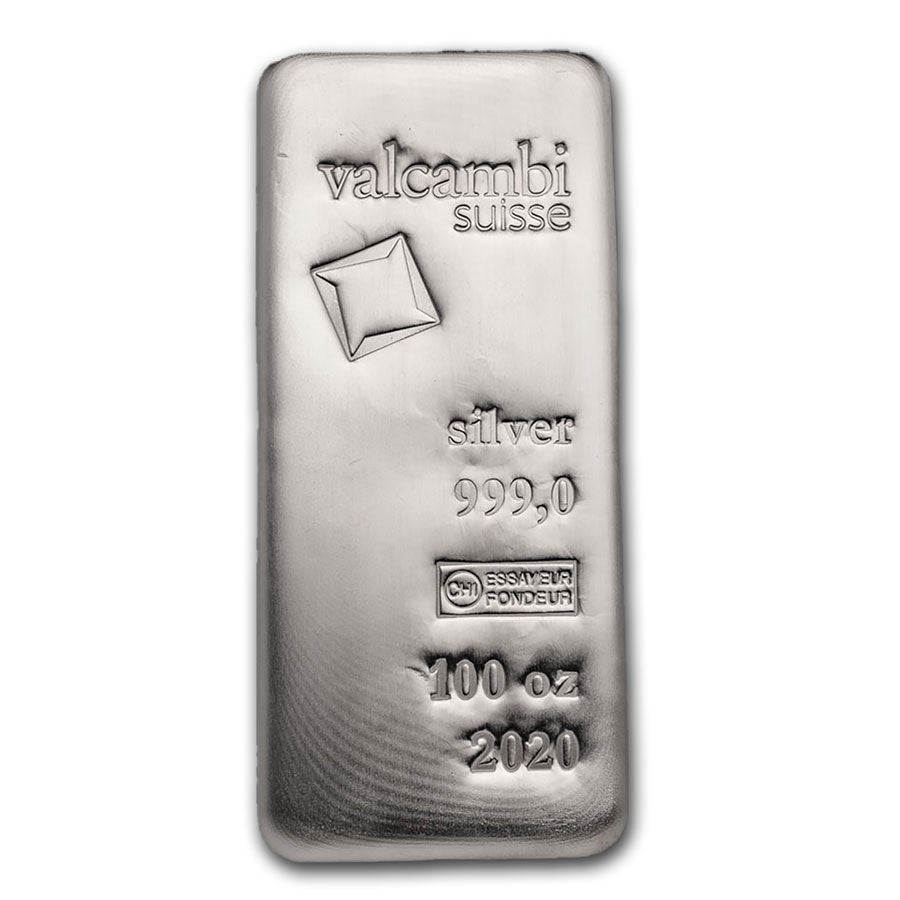 100 Oz Silver Cast/Poured Bar - Valcambi Suisse