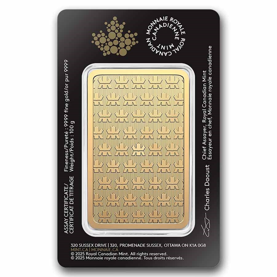 100 gram Gold Bar - Royal Canadian Mint (In Assay) image 1