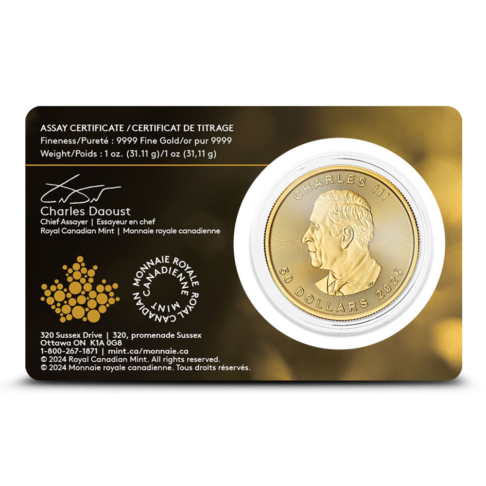 2025 1 oz Canadian Gold Maple Leaf Coin (BU w/ Assay) image 1