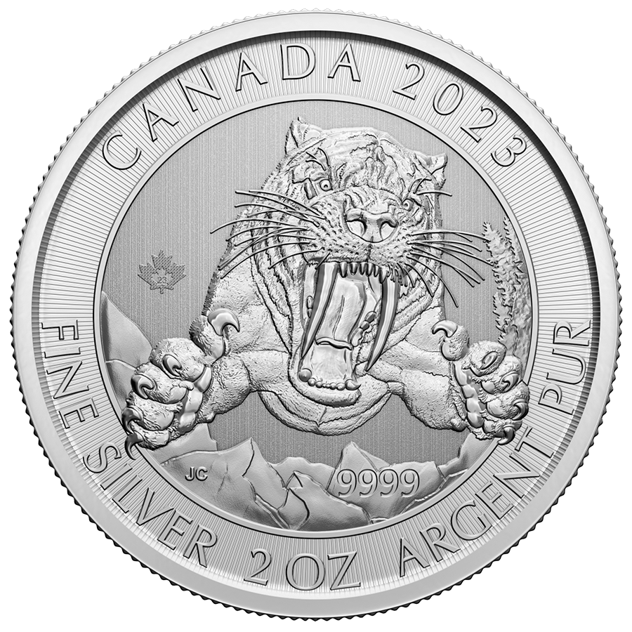ICE AGE SERIE ? Smilodon Sabre-tooth Cat 2 oz 99.99% Silver Bu Coin Canada 2023 image 0
